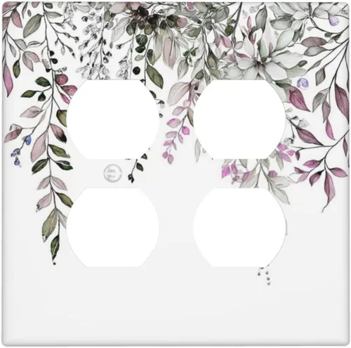 Vista 112 de Cubierta de tomacorriente eléctrico dúplex individual estilo campestre con diseño floral de flores y pájaros en blanco y negro, placa de pared de 1