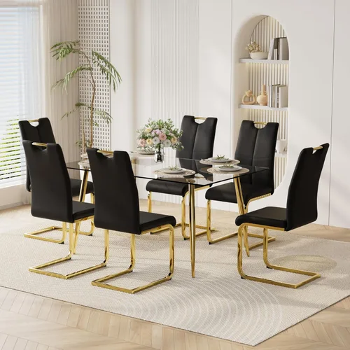 Vista 18 de Juego de mesa de comedor moderno de 51 pulgadas para 4 mesas rectangulares de cristal con 4 sillas tapizadas de cuero, asientos 4 ideales para Beige