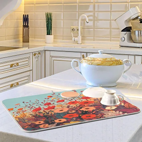Vista 6 de Tapete de secado de platos de primavera naranja con flor de amapola para encimera de cocina, tapete escurridor absorbente de microfibra, tapete