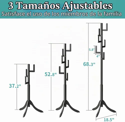 Vista 5 de Perchero negro independiente, árbol de bambú de cactus, soporte de madera de altura ajustable con 6 ganchos, perchero para niños, utilizado