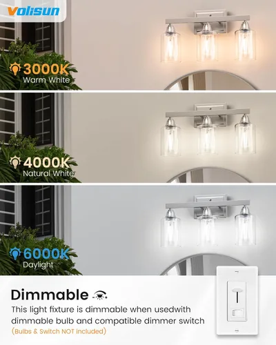 Vista 4 de VOLISUN Accesorios de iluminación de baño de níquel cepillado, 3 luces de cambiador de baño sobre espejo, luces de cambiador modernas para baños