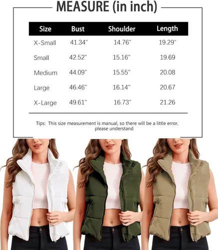 Vista 5 de Chaleco acolchado para mujer, sin mangas, cálido, acolchado, recortado, con cuello alto, con bolsillo