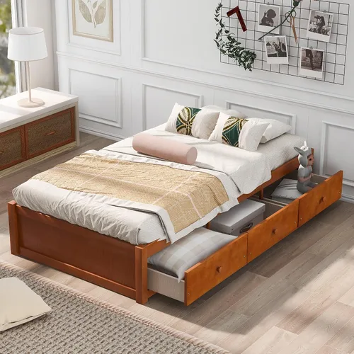 Vista 10 de Harper & Bright Designs Cama de plataforma tamaño Queen con 2 mesitas de noche y 2 lámparas, cama Queen de madera con cabecero, combinación de ratán
