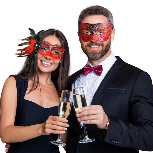 Vista 2 de Máscara roja para parejas, máscaras de máscaras para mujeres con plumas y máscara veneciana para hombre para fiesta de máscaras, Mardi Gras
