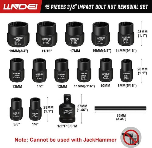 Vista 2 de LLNDEI Kit extractor de pernos, 15 piezas de extracción de tuercas peladas fáciles de sacar con accionamiento de 3/8 pulgadas, acero CR-MO