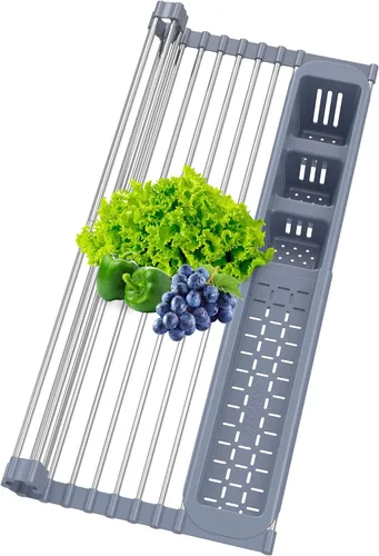Vista 6 de Escurridor de platos enrollable negro expandible de hasta 22.8 pulgadas con 2 cestas de almacenamiento, escurridor de platos enrollable para cocina