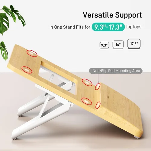 Vista 7 de AFOOYO Soporte ajustable de bambú para laptop, elevador de computadora portátil, soporte ergonómico para portátil con reposamuñecas, compatible