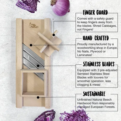 Vista 2 de Trituradora compacta de madera con protector de mano para chucrut y ensalada de col finamente cortados, madera de haya natural sin terminar
