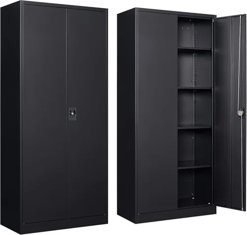 Vista 13 de Armario de almacenamiento de metal con 2 puertas, gabinete de almacenamiento de acero con cerradura con 2 puertas y estantes ajustables, gabinete