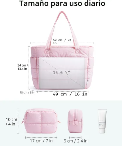 Vista 5 de Narwey Bolsa de mano acolchada de nailon para mujer, bolsa de mano Rosa