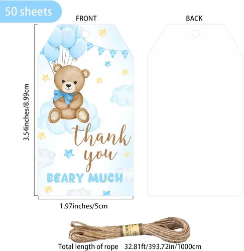 Vista 3 de Etiquetas de agradecimiento de oso, 50 etiquetas de regalo azules con cuerda para baby shower, etiquetas de regalo de agradecimiento para celebrar