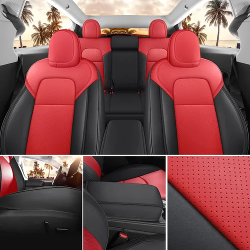 Vista 6 de Funda de asiento para Tesla Modelo Y 2020-2024, impermeable, de piel de napa totalmente envuelta (TY-rojo + negro)