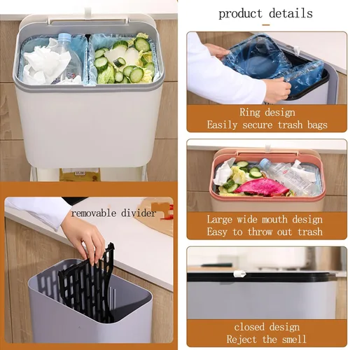 Vista 5 de Contenedor de compost para cocina, contenedor de compost para cocina interior, sellado, poleas fijas, botes de basura con tapas y separadores Verde