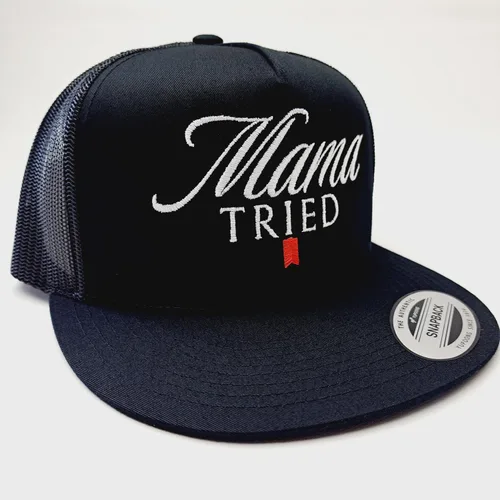 Vista 2 de Mama Tried Trucker Mesh Snapback Flat Bill Sombrero Gorra Negro Bordado, Negro