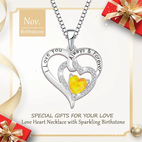 Vista 2 de OSKINIA Collar de plata de ley 925 con piedra natal de ópalo de fuego con circonita cúbica 3A grabada con dije "I Love You Always & Forever", regalo