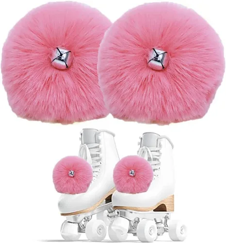 Vista 8 de HOMU 2 pompones de patín con pompones de piel sintética para niñas y mujeres, con cascabeles y rodillos, con pompones y pompones de piel sintética