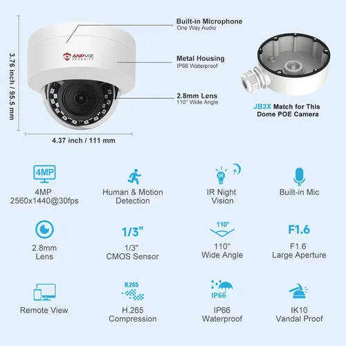 Vista 9 de Anpviz Cámara domo IP PoE de 4MP con micrófono/audio, visión nocturna IR