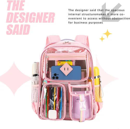 Vista 7 de Mochila transparente para escuela, resistente de PVC, transparente, bolsa transparente para libros aprobada por estadios, mujeres y niñas, Rosado