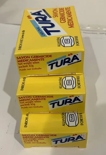 Vista 2 de Tura Jabón medicado germicida (Savon Germicida Medicamente) 65 gramos (2.29 oz) Paquete de 3 barras.