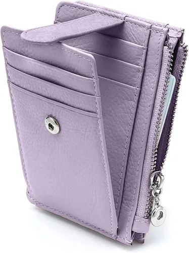 Vista 12 de Cartera delgada para mujer, de piel auténtica, tarjetero delgado con bloqueo RFID, carteras pequeñas