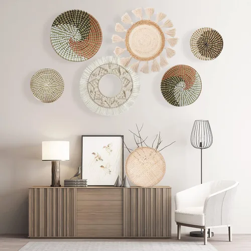 Vista 5 de LOCS MICRAI Juego de 3 cestas de pared bohemias, cesta tejida plana, decoración para colgar en la pared, borlas redondas, tapiz de macramé blanco