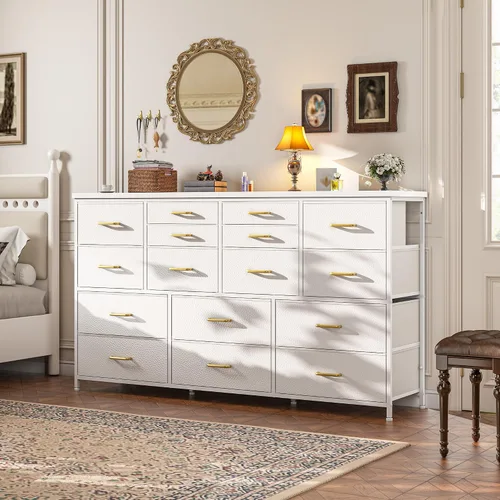 Vista 12 de Romorgniz Cómoda para dormitorio con 16 cajones de tela, cómoda larga con estación de carga, soporte de TV para televisor de 60" cómodas y cajoneras