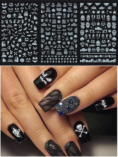 Vista 5 de 15 hojas de calcomanías de arte de uñas de Halloween, calcomanías de EBANKU 3D autoadhesivas con láser de calabaza, bruja y esqueleto, calcomanías