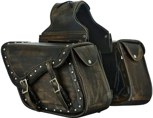 Vista 20 de Maleta impermeable de cuero genuino para motocicleta con funda para pistola en el interior marrón y negro tachuela/sin tachuelas
