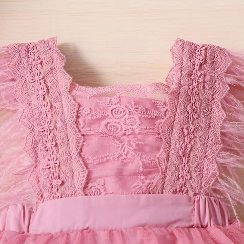 Vista 4 de Vestido de encaje para niñas pequeñas, vestido de encaje con bordado floral, manga de plumas, tul tutú, vestido de fiesta acampanado