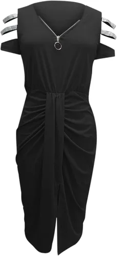 Vista 4 de Luciava Vestido de noche con cuello en V y hombros descubiertos y manga corta para mujer vestido de verano elegante con abertura
