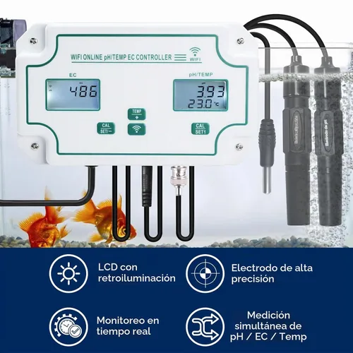 Vista 2 de Monitor inteligente 3 en 1 de pH, EC y temperatura de calidad del agua con control de aplicaciones: probador continuo en línea para hidroponía