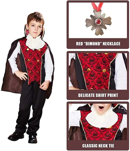 Vista 4 de Snailify Disfraz de vampiro para niños conjunto completo de Halloween con collar de capa colmillos