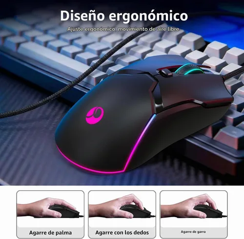 Vista 6 de Ratón para juegos con cable SPEEDORA, ratones ópticos ergonómicos de 8000 DPI con 12 modos de retroiluminación RGB, 6 botones programables, software