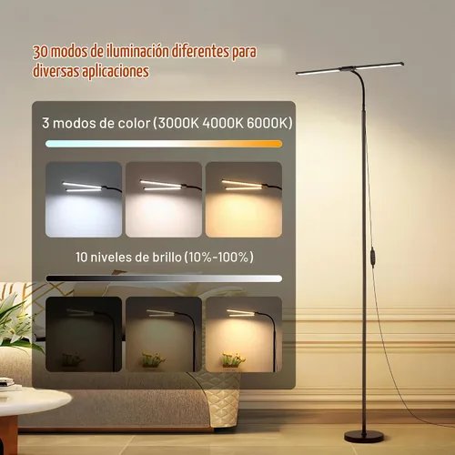 Vista 3 de Lámpara de pie LED, lámparas de pie brillantes de 18W para sala de estar, 3 modos de color 10 niveles de brillo, cuello de cisne flexible ajustable