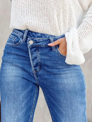 Vista 6 de PLNOTME Pantalones de mezclilla de cintura alta para mujer, pierna recta, elásticos, casuales, con puños