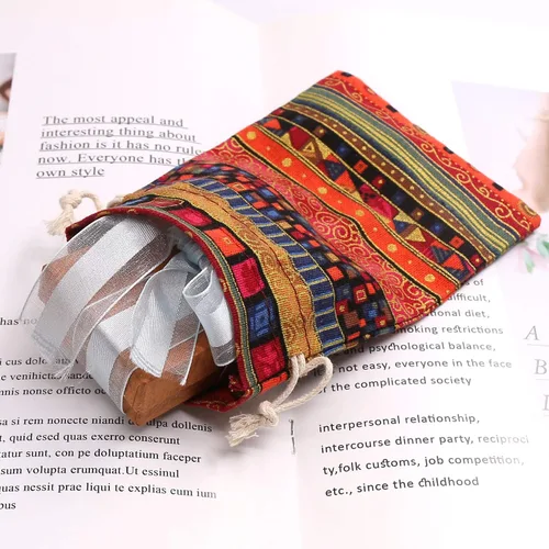 Vista 7 de SumDirect Bolsa de arpillera de lino estilo étnico egipcio, 20 bolsas de regalo de 4 x 6 pulgadas con cordón, bolsas de algodón reutilizables