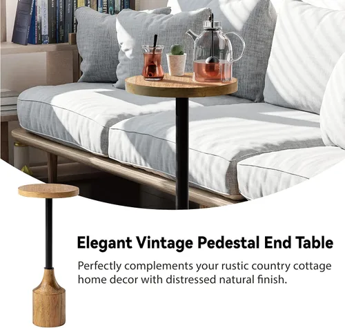 Vista 3 de COZAYH Mesa auxiliar de pedestal de granja, mesa de bebida de madera rústica con base, mesa redonda de Martini para espacio pequeño, sala de estar