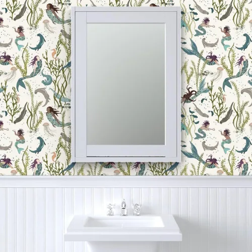 Vista 9 de Papel tapiz para despegar y pegar, diseño de sirenas nutrias, blanco, verde, azul, mar, océano, fondo de pantalla extraíble personalizado Spoonflower