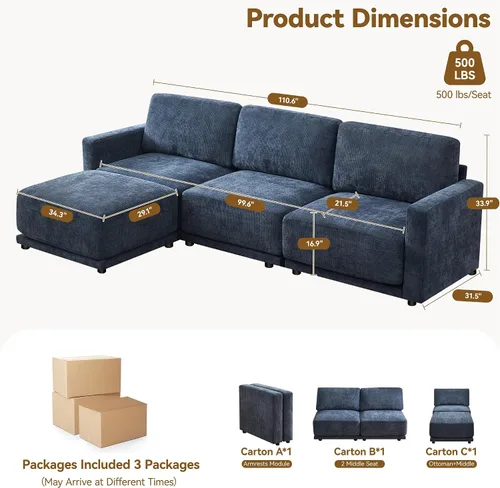 Vista 2 de Sofá modular en forma de L de 110.6 pulgadas, sofá modular de asiento profundo con otomana móvil, sofás gruesos de 4 asientos de gran