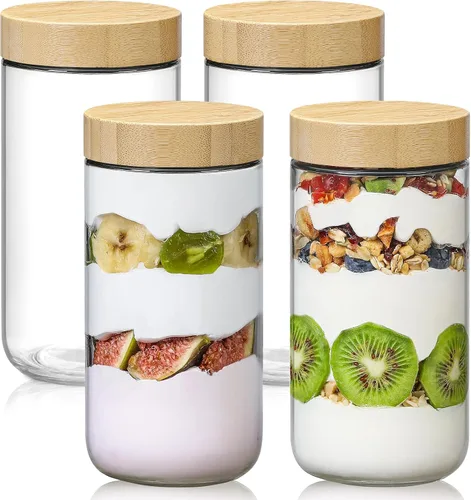 Vista 9 de NETANY Paquete de 6 tarros de vidrio de 16 onzas con tapas herméticas, recipientes de avena durante la noche con tapas de bambú, tarros de ensalada