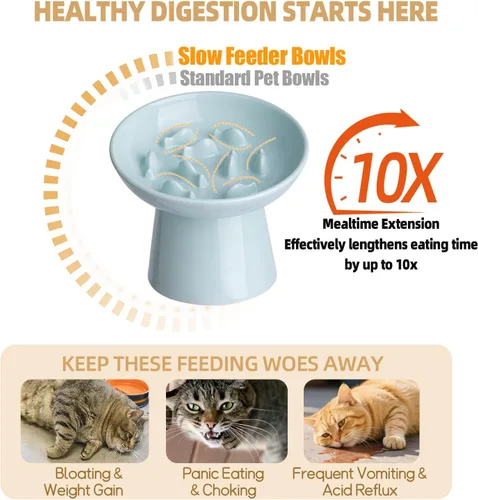 Vista 3 de Cuenco elevado de cerámica para gatos – Cuenco elevado de comida para gatos de 6 pulgadas para aliviar la hinchazón y antivómitos, comedero lento