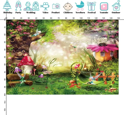 Vista 3 de Fondos de fotografía de bosque de cuentos de hadas de 5 x 3 pies para recién nacidos, fondos de baby shower, estudio fotográfico, setas, elfos