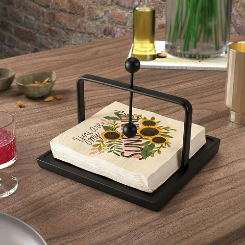 Vista 7 de ALLCENER Servilletero para mesa con brazo pesado Servilletero plano moderno negro Diseño de metal mate y madera para encimera de cocina, comedor