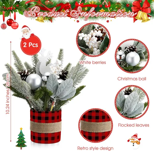 Vista 3 de 2 piezas de centro de mesa de Navidad a cuadros de búfalo árbol de mesa de Navidad, mini decoración artificial de mesa, centro de mesa pequeño