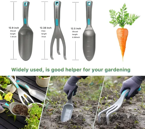 Vista 6 de GOODSMANN Juego de herramientas de jardín, 3 piezas de aluminio fundido a presión, paleta de mano, medidas de marcador, trasplantador y cultivador