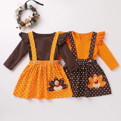 Vista 4 de Xfglck Conjunto de ropa de Acción de Gracias para niños y niñas pequeñas, blusa de pavo con volantes y falda con tirantes