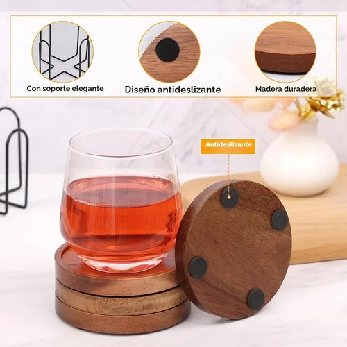 Vista 3 de 4 piezas de posavasos de madera absorbentes para bebidas, posavasos de madera con soporte, posavasos para bebidas para mesa de café, juego