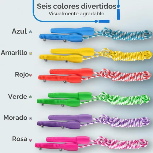 Vista 5 de Ram Pro - Cuerda de saltar multiusos con asas de plástico para cualquier nivel de habilidad, 12 unidades, 6 colores (2 de cada uno)