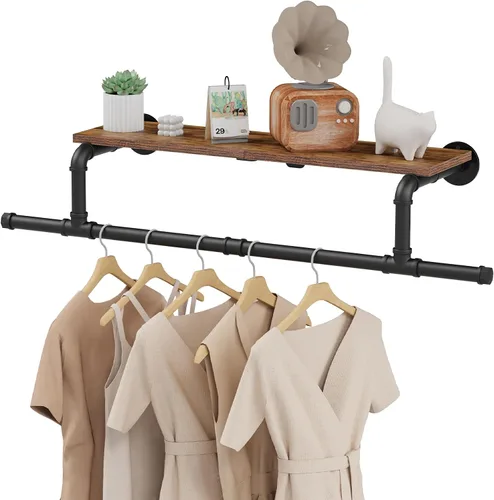 Vista 8 de Perchero Industrial de Tubería, Perchero de Ropa de Hierro Resistente Montado en Pared para Colgar Ropa, Estante con Barra para Colgar