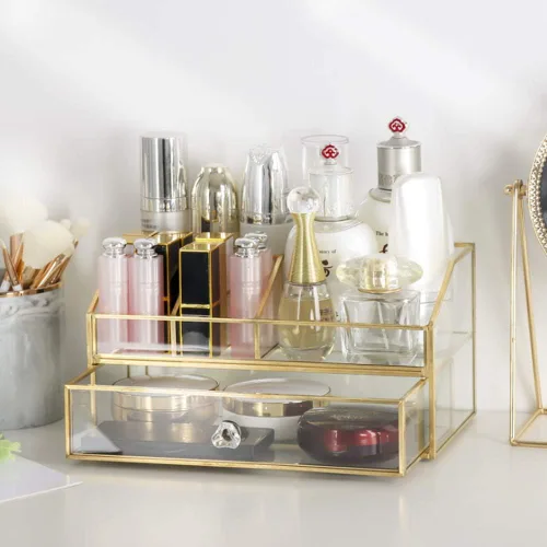 Vista 4 de YUEHUA Organizador de maquillaje de cristal, organizador de brochas de maquillaje transparente, caja de exhibición de joyas, esmalte de uñas dorado